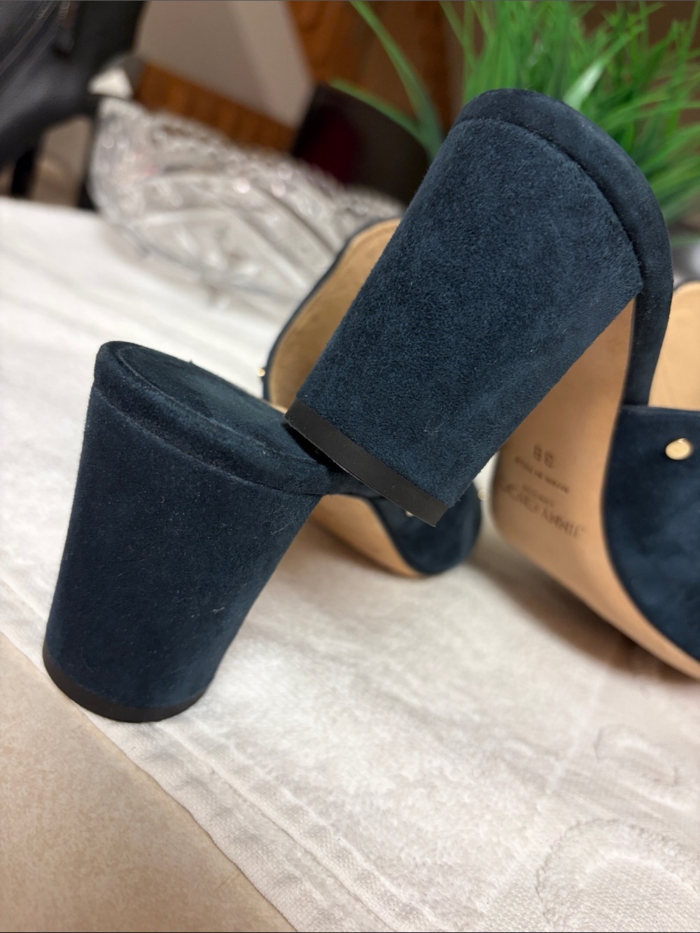 Jimmy Choo Navy Suede Gold-Stud Slide Mules - Picture 4 of 7